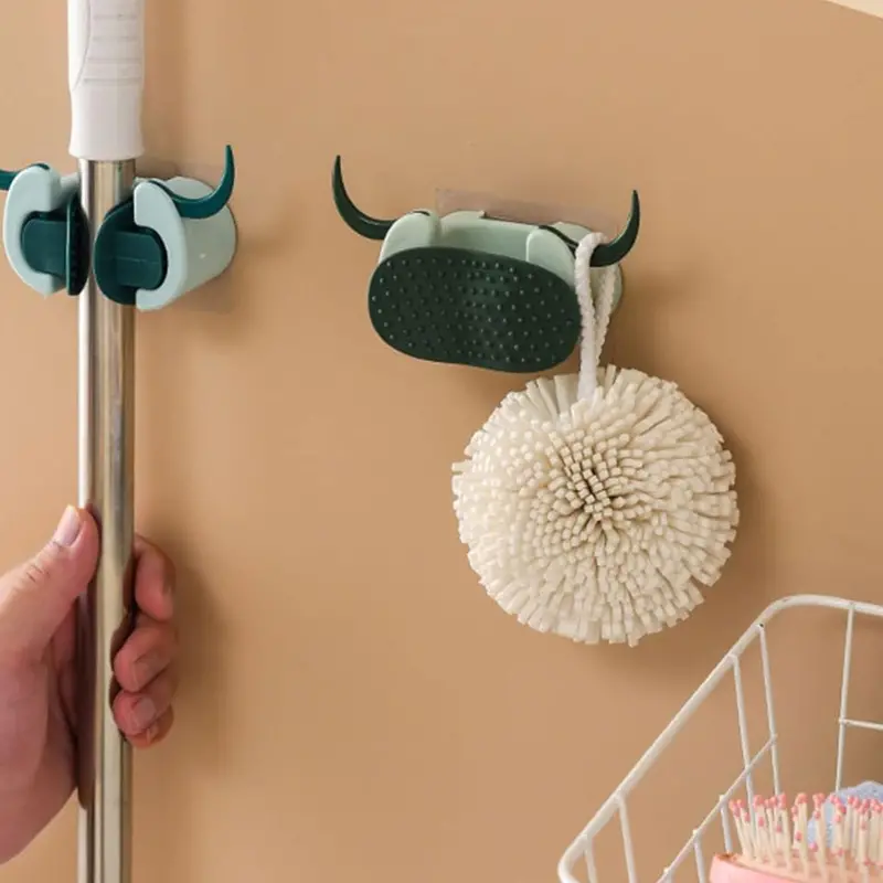 Wall-Mounted Cartoon Mop & Broom Organizer With Self-Adhesive Cow-Shaped Suction Hook 1