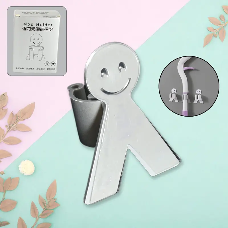 Wall-Mounted Smile-Face Broom & Brush Organizer – Seamless Hook For Mops And Cleaning Tools (1 Unit) 1