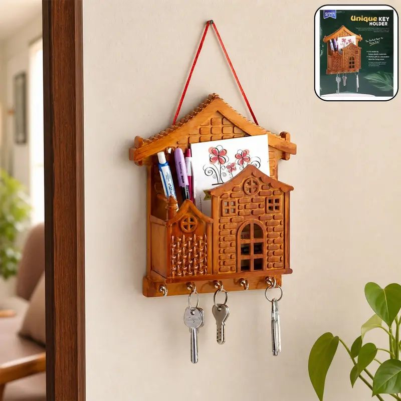 Wall-Mounted Wooden-Style Key Organizer With Shelf & Hooks – Entryway Storage Solution 1