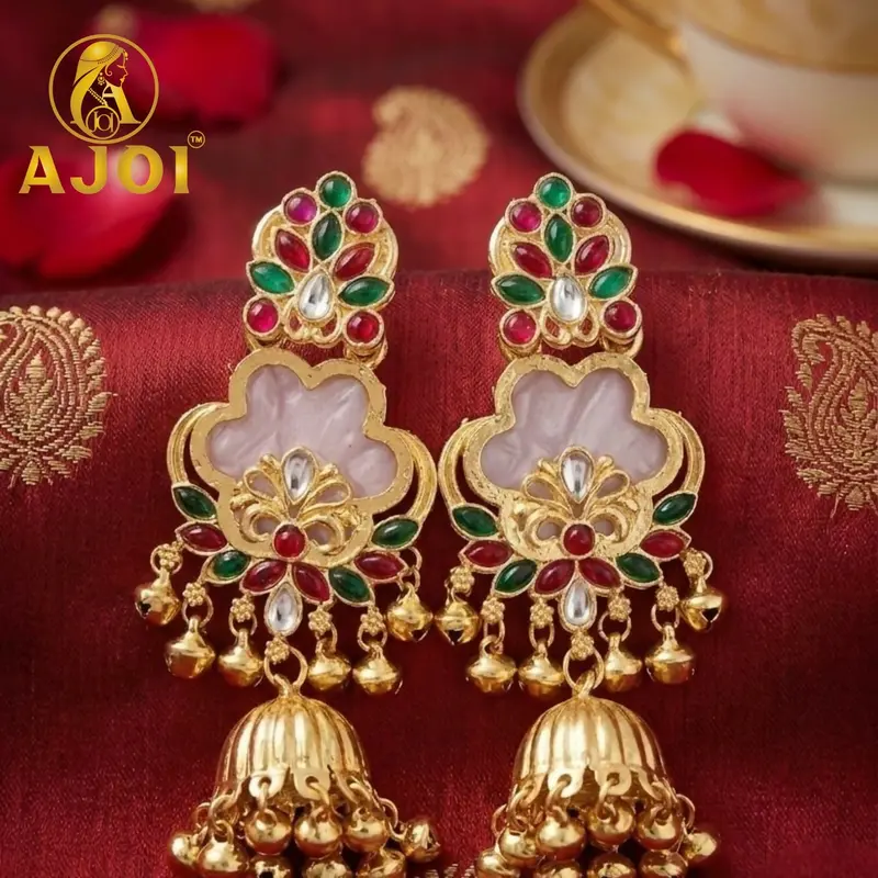 White Kundan Floral Jhumka Earrings – Traditional Indian Ethnic Jewelry With Stone Embellishment 1