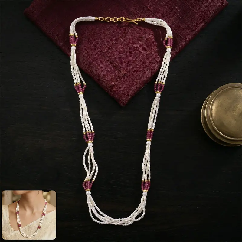White Multi-Strand Mala Necklace – Pink Accent Beads & Handmade Spiritual Design 1