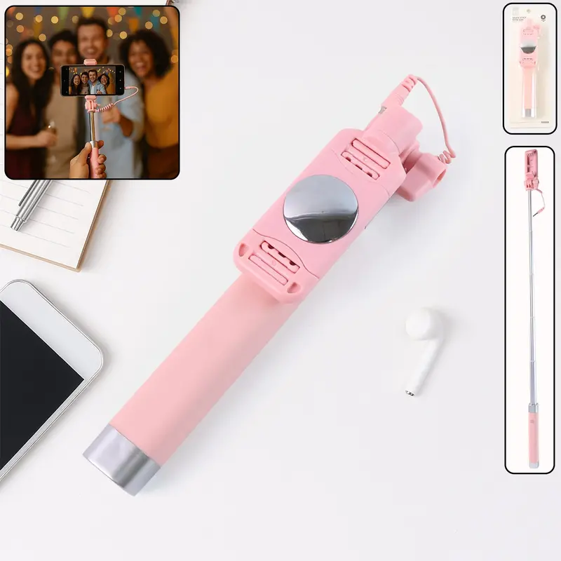 Wired Selfie Stick With Rearview Mirror And Integrated Shutter Button 1