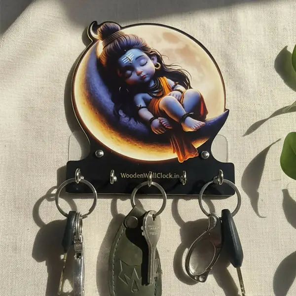 Wooden Baby Shiva Key Holder With 5 Hooks & No-Drill Adhesive Mount 1