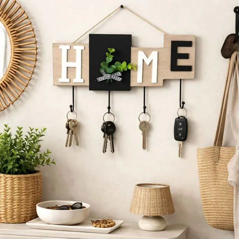 Wooden 'Home' Entryway Key Holder – Wall-Mounted Organizer 1