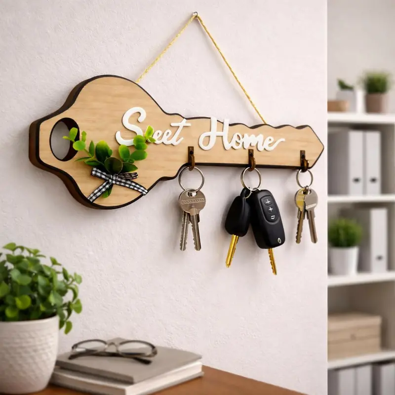 Wooden Key-Shaped Wall Mount With Four Integrated Hooks 1