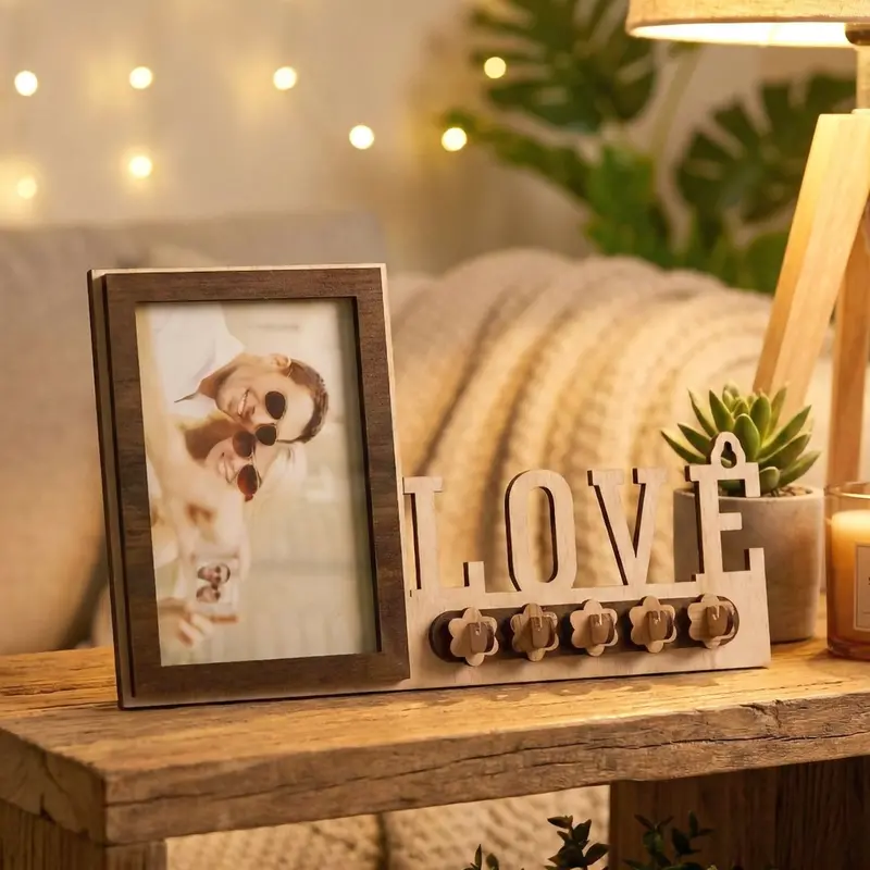 Wooden Love-Cutout Photo Frame Key Holder With 5 Hooks (8X12") 1