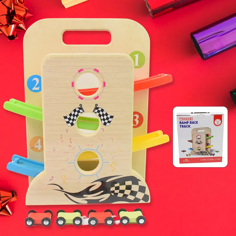 Wooden Ramp Race Track Toy – Includes 4 Mini Vehicles & Carry Handle 1