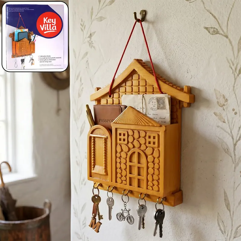 Wooden Villa-Style Key Holder – Wall-Mounted Organizer With Hooks & Shelf 1