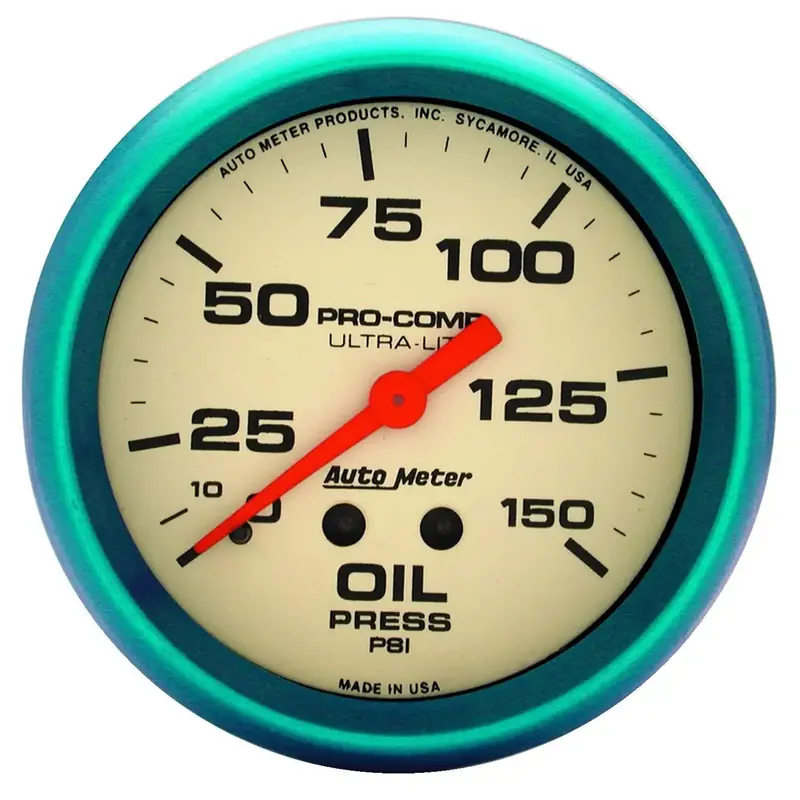 Autometer Ultra-Nite Oil Pressure Gauge – 2-5/8" Mechanical Dial, 150 Psi, Glow-In-The-Dark Face 1
