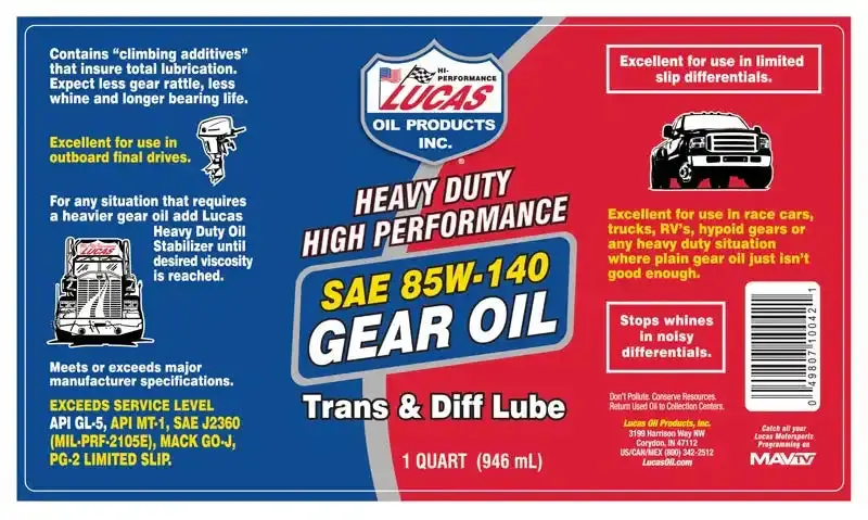 Lucas Oil Heavy-Duty 85W-140 Gear Lubricant – Synthetic Blend, Quart Size 1